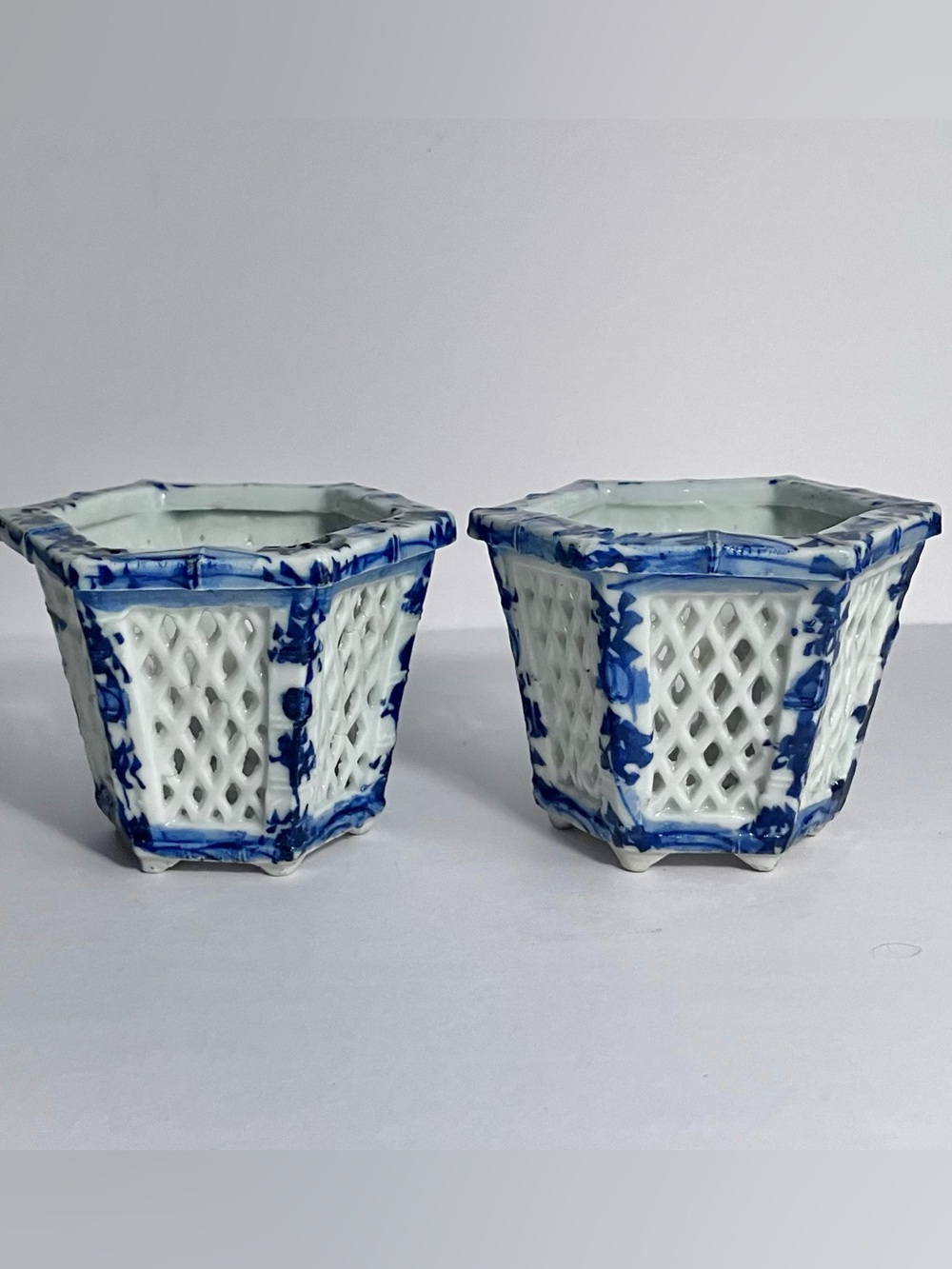 2 Vintage ASIAN LATTICEWORK Porcelain JARDINIERES / 2.75in. Tall / Small Damage